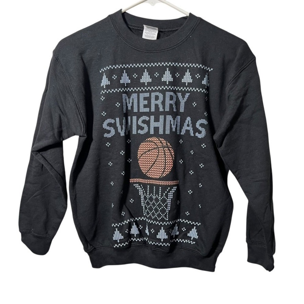 Merry Swishmas Basketball Ugly Christmas Sweater‎ Youth M Black Holiday Crewneck